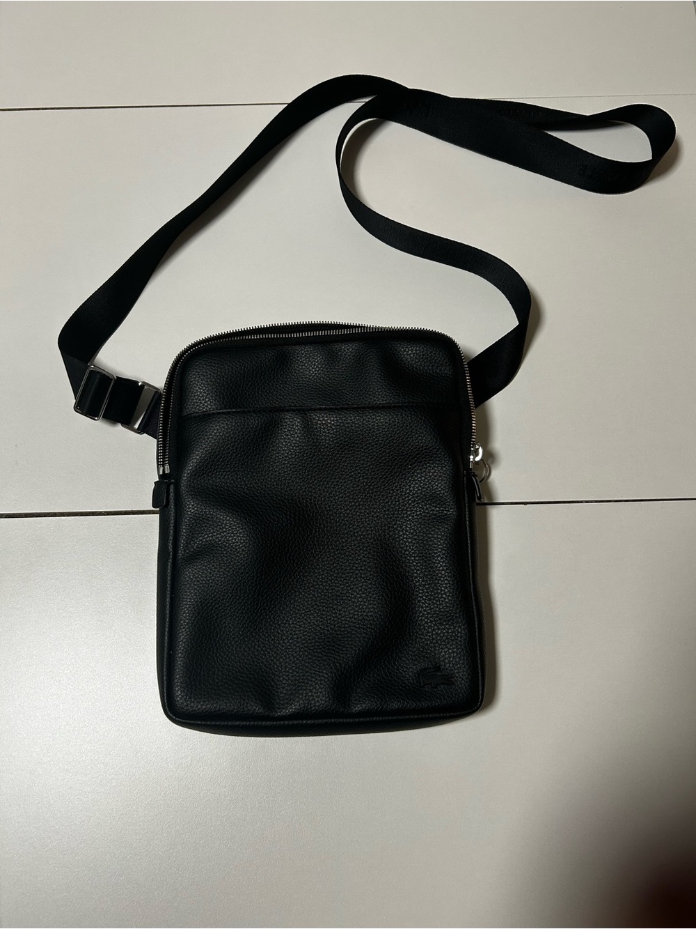 Lacoste Black Leather Messenger Crossbody Bag